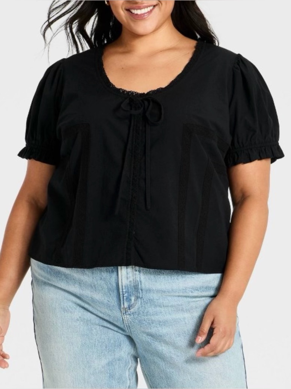 Black Short-Sleeve Lace Trim Top